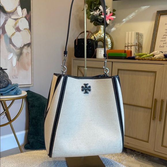Tory Burch Ivory Canvas Bucket Bag with Black Trim - Picture 2 of 10